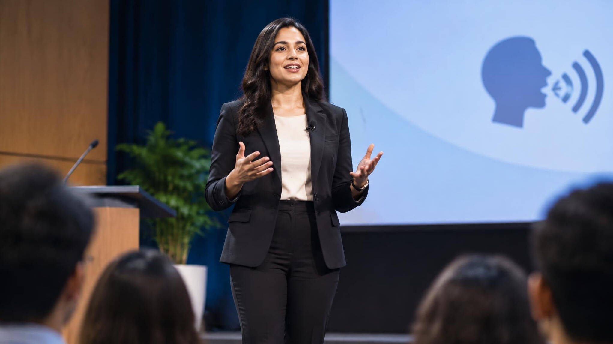 confident speaker on stage