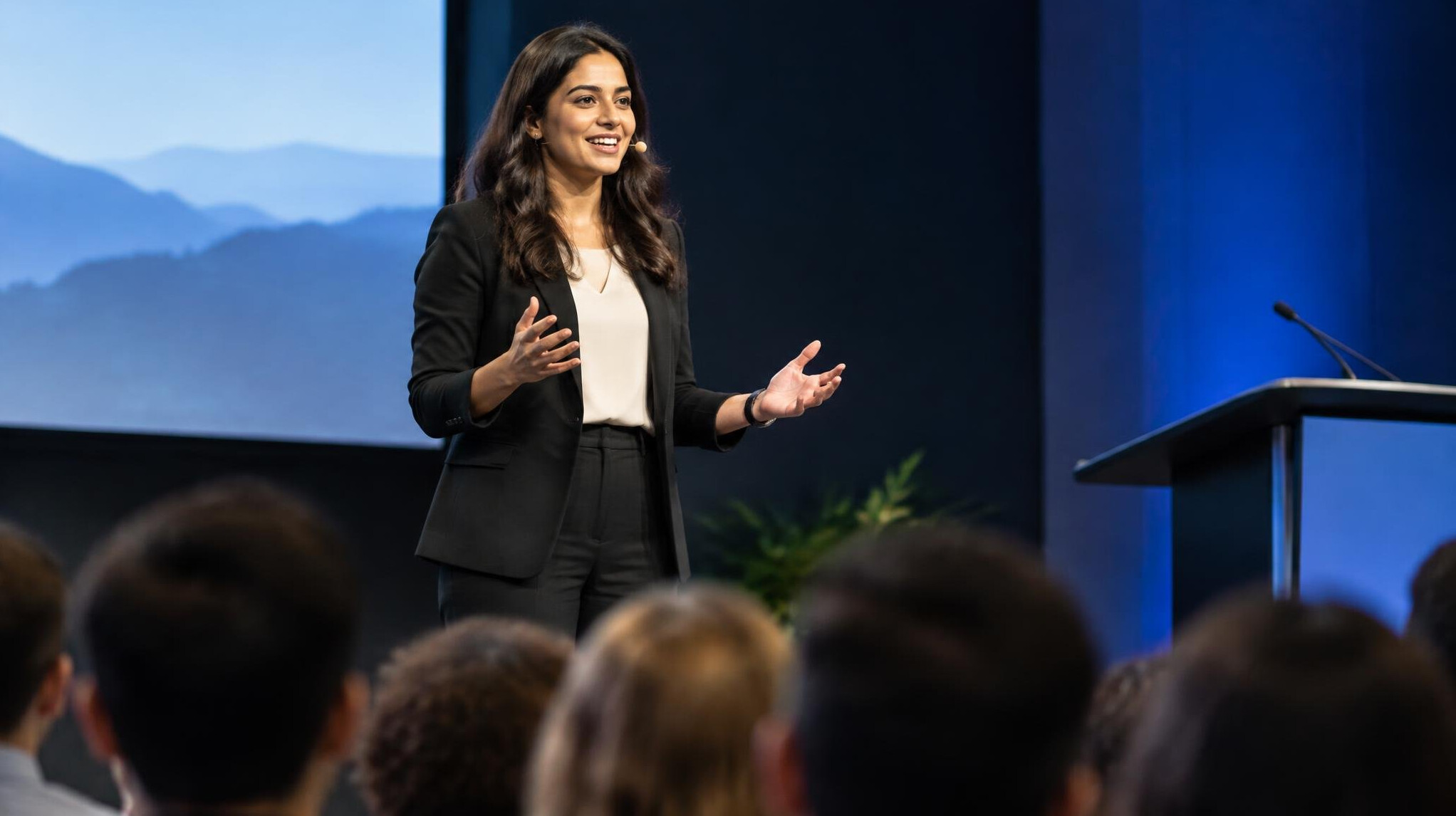 confident speaker on stage