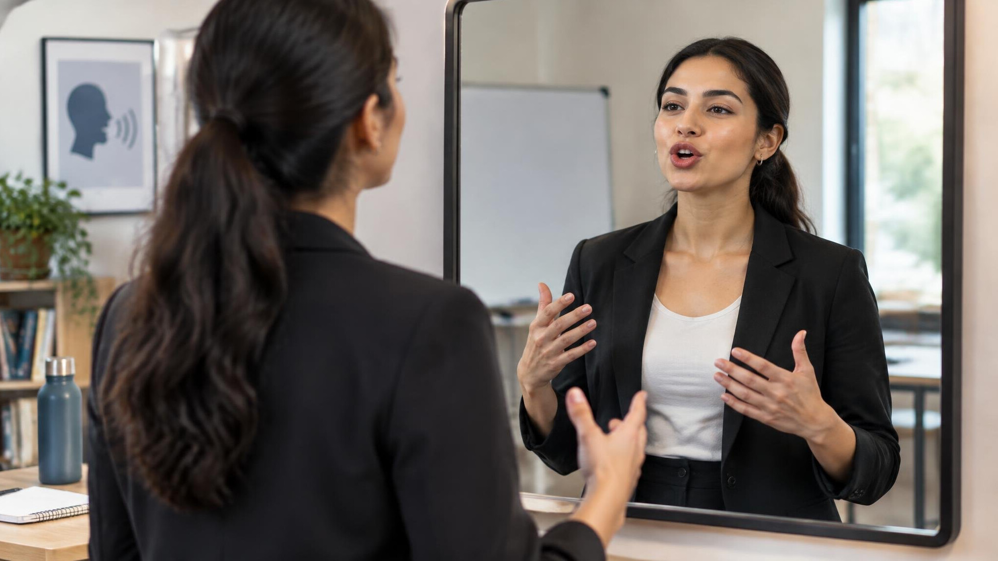 woman practicing speech in mirror