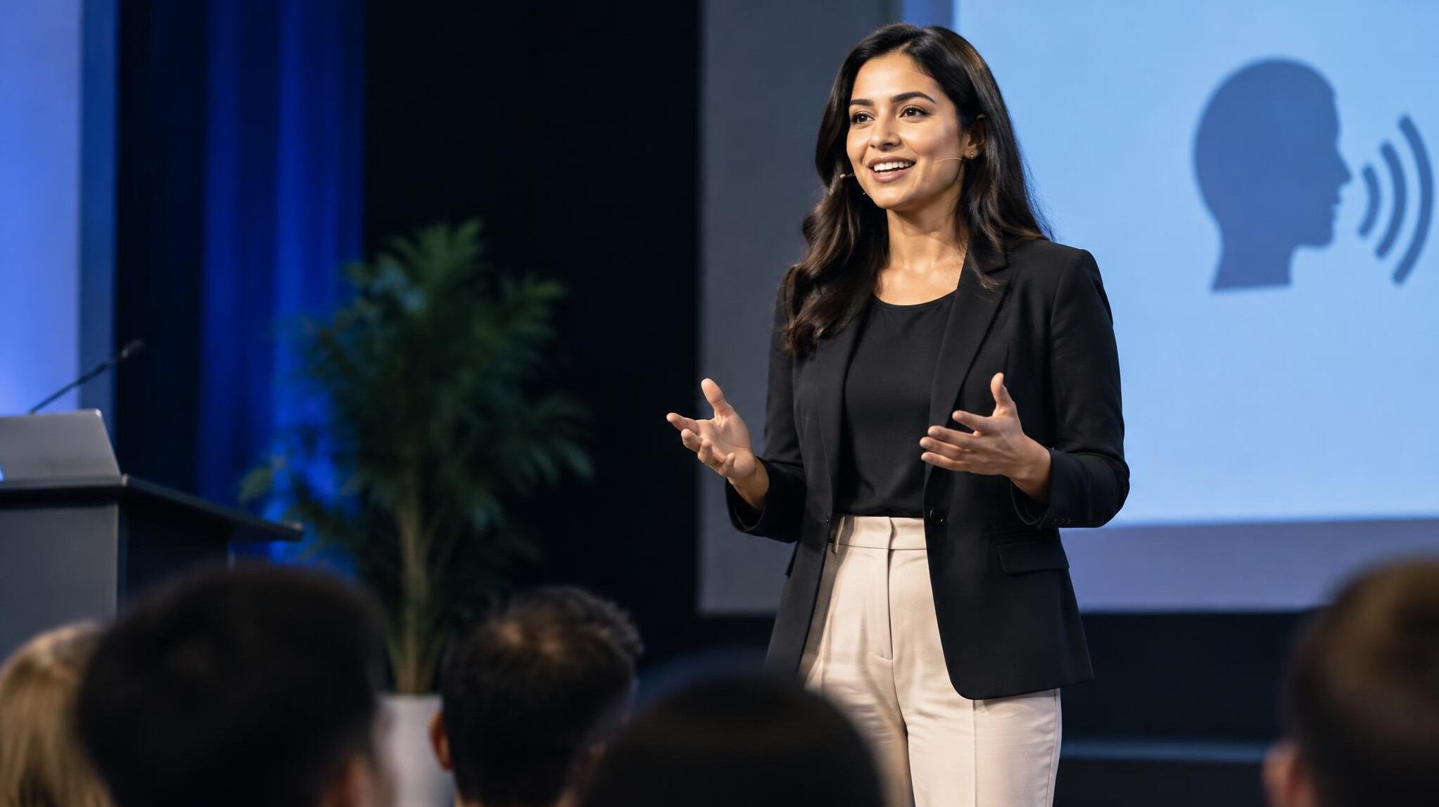 confident speaker on stage