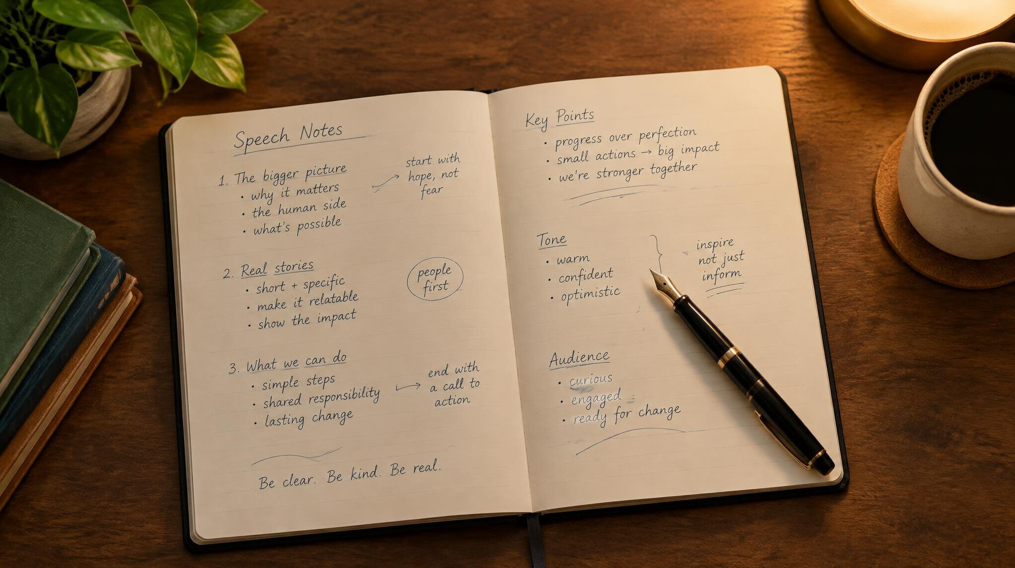 Open notebook with handwritten speech notes and pen