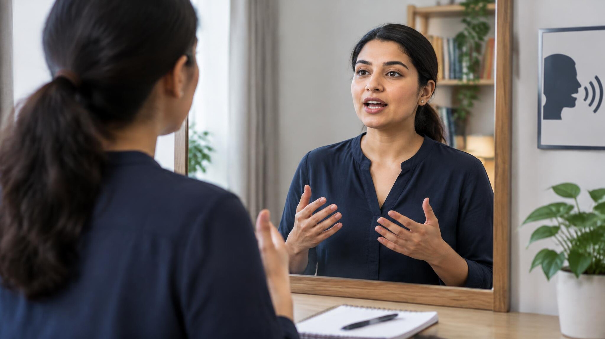 woman practicing speech in mirror