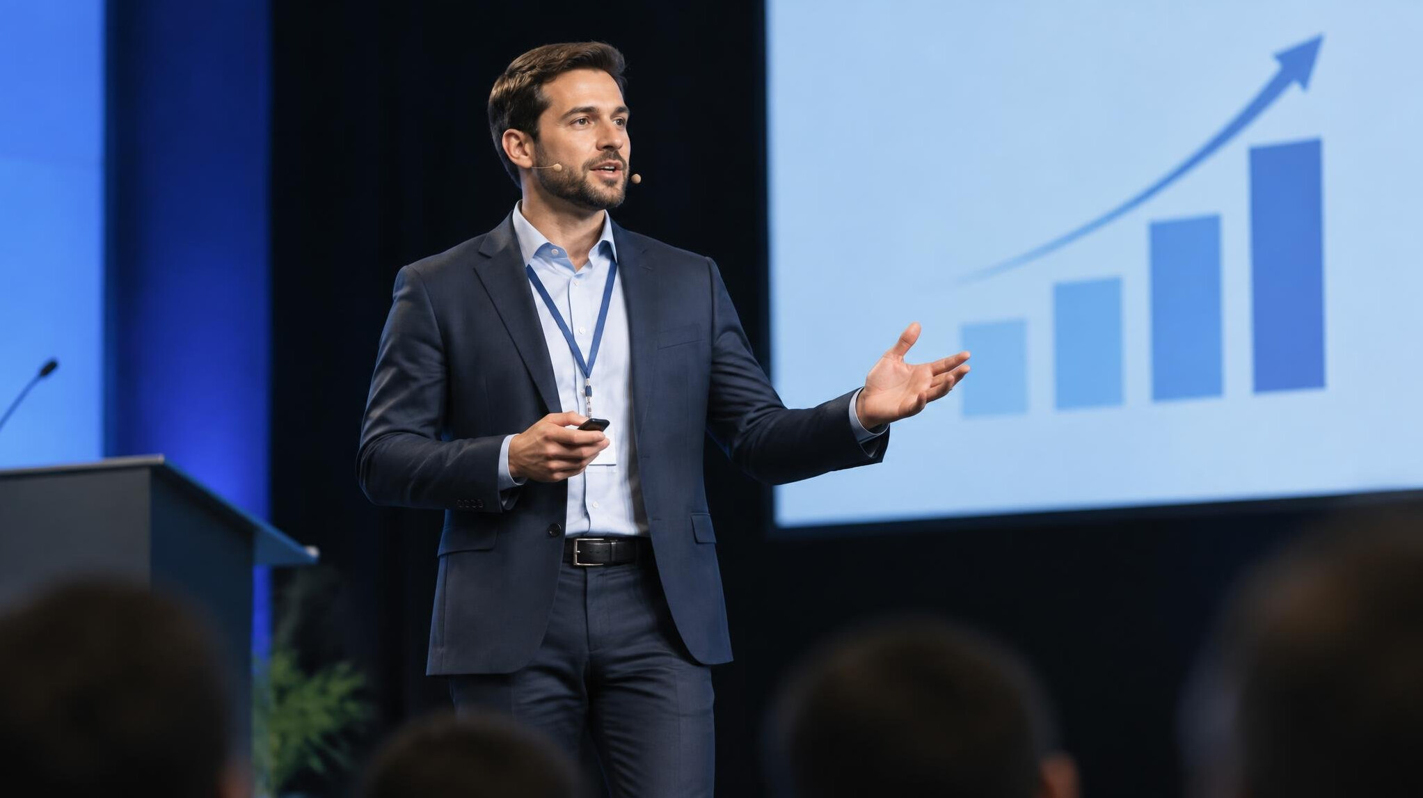 man giving presentation on stage