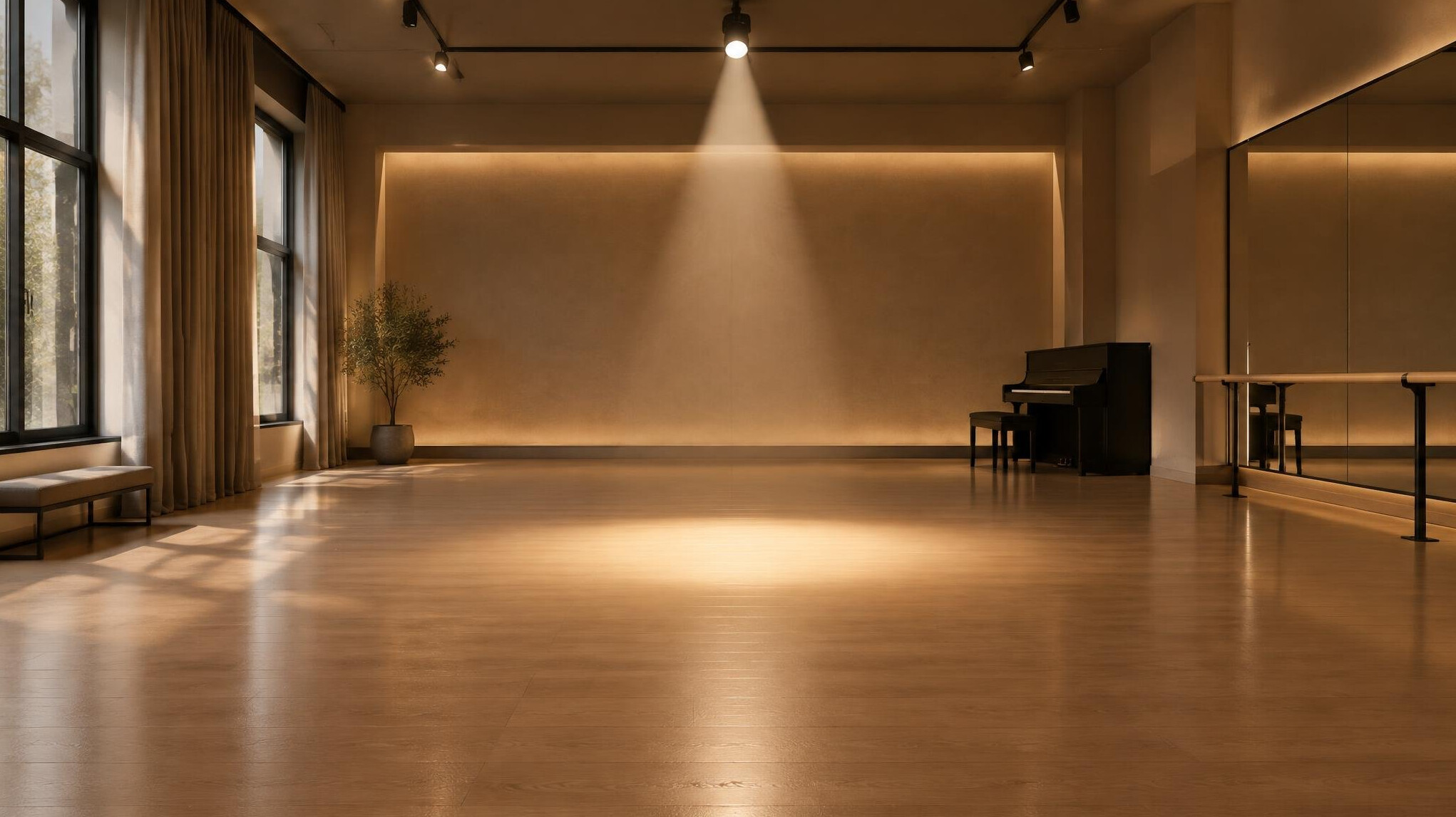 Calm empty rehearsal studio with soft lighting