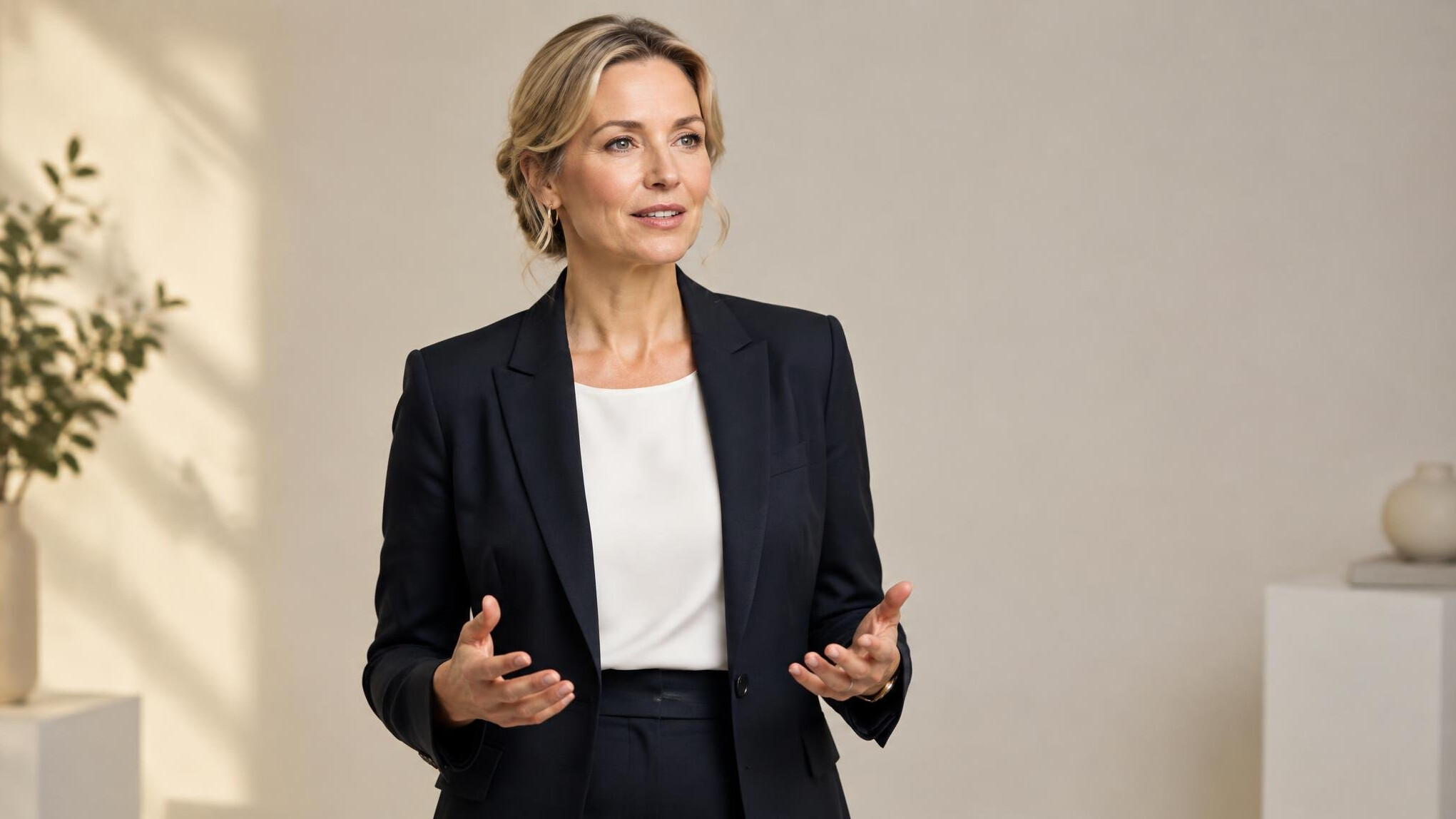Confident woman giving a speech in an elegant studio