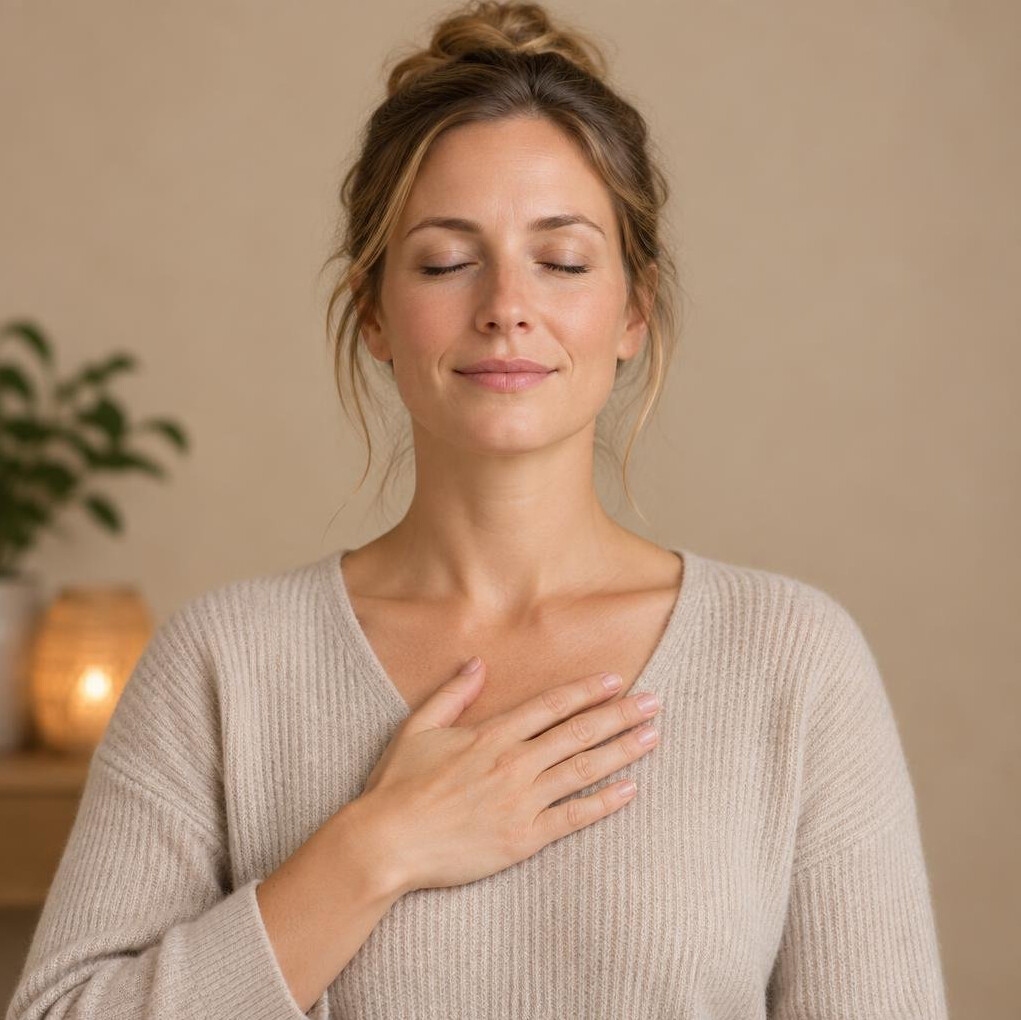 Woman practicing conscious breathing with hand on chest